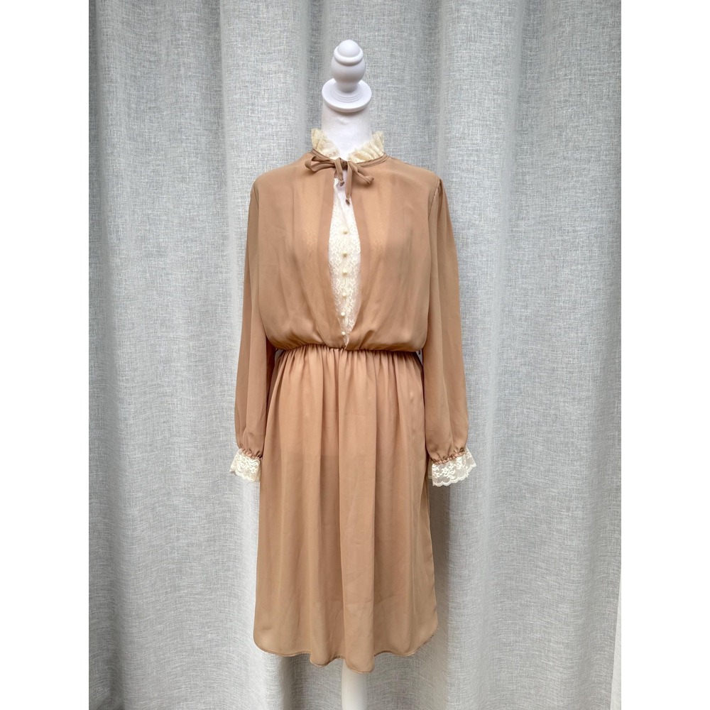 1970 Toni Petite tan brown with white Lace trim midi dress gown